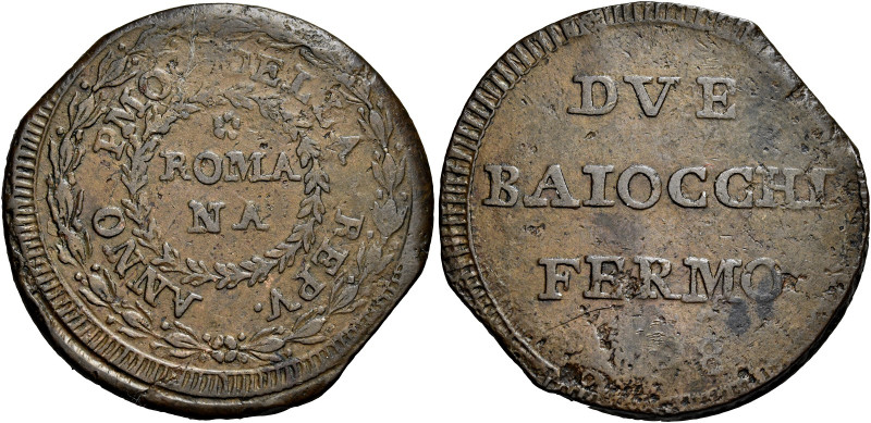 MARCHE. Fermo.  

Da 2 baiocchi anno I/1798, Cu. 19,05 g. ANNO PMO DELLA REPV ne...