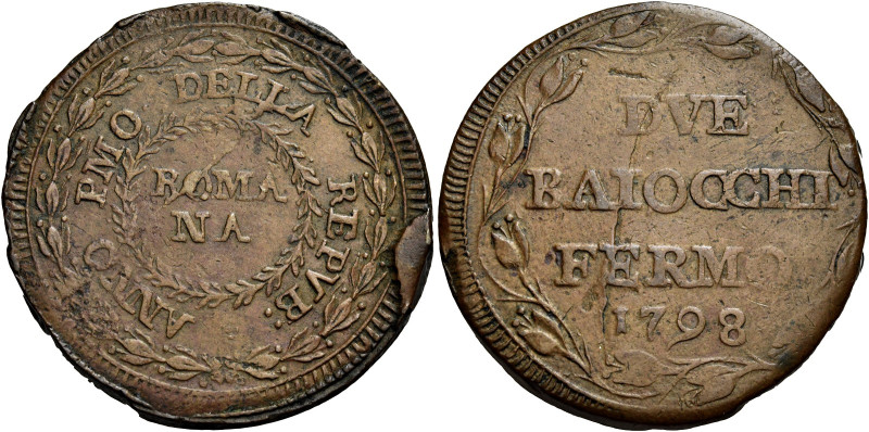 MARCHE. Fermo.  

Da 2 baiocchi anno I/1798, Cu. 17,42 g. ANNO PMO DELLA REPVB n...