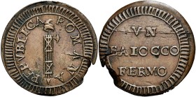 MARCHE. Fermo.  

Baiocco (1798), Cu. 8,09 g. Fascio con scure a d. Rv. VN / BAIOCCO / FERMO. Pagani 55. Bruni 28. MIR 2921/2.
Raro. q.Spl