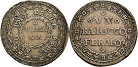 MARCHE. Fermo.  

Baiocco anno I (1798), Cu. 12,88 g. ANNO PMO DELLA REPV Nel giro, * / ROMA / NA in corona attorno a corona di lauro con rosetta in...