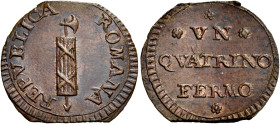 MARCHE. Fermo.  

Quattrino (1798), Cu. 1,97 g. Fascio con scure a d.. Rv. * / *VN* / QUATTRINO / FERMO / *. Pagani 63. Bruni 40. MIR 2926.
Rarissimo....