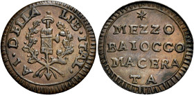 MARCHE. Macerata.  

Repubblica Romana, 28 febbraio 1798 – 10 novembre 1799. Mezzo baiocco anno I (1798), Cu. 2,90 g. A I DELLA LIB ITAL Fascio con sc...