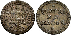 MARCHE. Macerata.  

Quattrino anno I (1798), Cu. 0,95 g. A I // D L I Fascio con scure a d. tra due rami di quercia. Rv. * / QVATRI / NO / MACER / *....