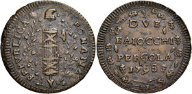 MARCHE. Pergola.  

Repubblica Romana, 28 febbraio 1798 – 10 novembre 1799. Da 2 baiocchi 1798, Cu. 13,43 g. REPVBLICA ROMANA Fascio con scure a d. tr...