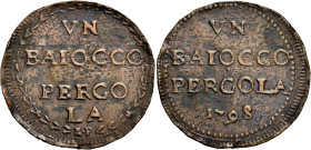 MARCHE. Pergola.  

Baiocco 1798, Cu. 8,27 g. VN / BAIOCCO / PERGOLA / 1798. Rv. VN / BAIOCCO / PERGO / LA / 1798 Rami di olivo. Pagani 93. Bruni 1. M...