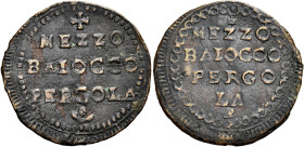 MARCHE. Pergola.  

Mezzo baiocco (1798), Cu. 4,78 g. +/ MEZZO / BAIOCCO / PERGOLA / + Cerchio di globetti. Rv. * / MEZZO / BAIOCCO / PERGO / LA / [AP...