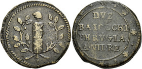UMBRIA. Perugia.  

Da 2 baiocchi anno VII (1799), Cu. 17,28 g. Fascio sormontato da pileo tra rami di lauro. Rv. DVE / BAIOCCHI / PERVGIA / A VII REP...