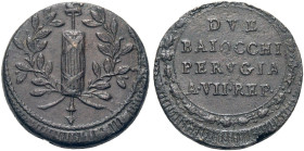 UMBRIA. Perugia.  

Da 2 baiocchi anno VII (1799), Cu. 14,87 g. Fascio sormontato da pileo tra rami di lauro. Rv. A VII RE Corona di otto stelle e ott...
