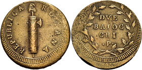 UMBRIA. Perugia.  

Da 2 baiocchi (1799), Cu. 18,11 g. REPUBLICA ROMANA Fascio con scure a d. Rv. DVE / BAIOCCHI / P in tre righe, tra rami di quercia...