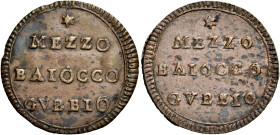 UMBRIA. Gubbio.  

Mezzo baiocco (1798), Cu. 4,15 g. Pagani 36. Bruni 1. MIR 2946/1.
Raro. q.Spl