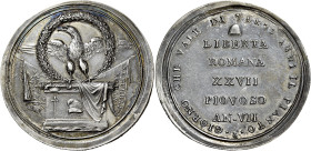 LAZIO. Roma.  

Medaglia Libertà Romana XXVII Piovoso, AR 26,62 g. - Ø 43,50 mm. Ara rettangolare con berretto frigio fra due pugnali in rilievo; di...