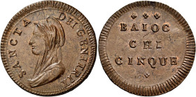 LAZIO. Roma.  

Da 5 baiocchi o madonnina, Cu. 13,28 g. Pagani 7b. MIR 2875/6.
Molto rara. q.Fdc