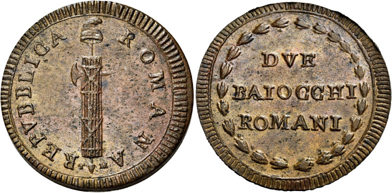 LAZIO. Roma.  

Da 2 baiocchi TM, Cu. 19,93 g. REPVBBLICA ROMANA Fascio sormonat...