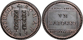 LAZIO. Roma.  

Baiocco doppio fascio moderno anno sesto R. Cu. 10,96 g. Pagani 40. MIR 2866.
Raro. Fdc

Per stile di coniazione, propendiamo a consid...