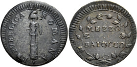 LAZIO. Roma.  

Mezzo baiocco, Cu. 4,33 g. Pagani 44a. Bruni 35. MIR 2874/1.
BB