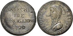 LAZIO. Ronciglione.  

Occupazione Austriaca di Ronciglione, 1799. Da 3 baiocchi 1799, Cu. 14,72 g. Pagani 2621. MIR 3026/2.
Raro. BB