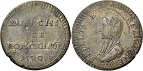 LAZIO. Ronciglione.  

Da 3 baiocchi 1799 (data rovesciata), Cu. 16,00 g. Pagani 2624a. MIR 3026/4.
Rarissimo. BB