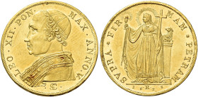 LAZIO. Stato Pontificio Roma.  

Doppio zecchino anno V/1826, AV. Pagani 126. MIR 3072/1. Friedberg 252.
Molto raro. Spl / q.Fdc

NGC MS62 663815...
