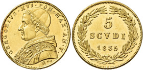 LAZIO. Stato Pontificio Roma.  

Da 5 scudi anno V/1835, AV. Legenda continua. Pagani 174a. MIR 3192/1. Friedberg 265.
Molto raro. Spl