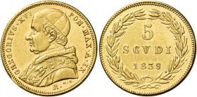 LAZIO. Stato Pontificio Roma.  

Da 5 scudi anno IX/1839, AV. Legenda interrotta. Pagani 181. MIR 3102/14. Friedberg 265.
Molto raro. Coniati 2.058 es...