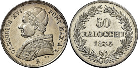 LAZIO. Stato Pontificio Roma.  

Da 50 baiocchi anno V/1835, AR. Pagani 218. MIR 3105/1.
Spl