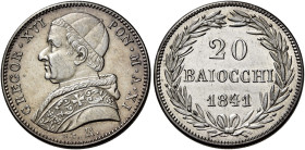 LAZIO. Stato Pontificio Roma.  

Da 20 baiocchi anno XI/1841, AR. Pagani 238. MIR 3107/13.
Molto raro. q.Fdc