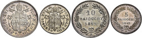 LAZIO. Stato Pontificio Roma.  

Lotto di due monete. Da 10 baiocchi anno XII/1842, AR. Da 5 baiocchi anno XII/1842, AR. Pagani 246, 254. MIR 3108/10,...