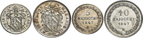 LAZIO. Stato Pontificio Roma.  

Lotto di due monete. Da 10 baiocchi anno II/1847. Da 5 baiocchi anno II/1847. AR. Pagani 318, 322. MIR 3119/7, 3120/2...