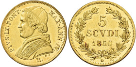 LAZIO. Stato Pontificio Roma.  

Da 5 scudi anno IV/1850, AV. Pagani 351. MIR 3134/1. Friedberg 271.
Molto raro. Bordo ripreso. Migliore di Spl