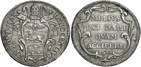 Roma.  

Testone 1684, AR 9,17 g. INNOCEN XI PONT MAX Stemma oblungo con fogliame, sormontato da triregno e chiavi decussate seminascoste con cordone ...