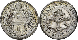 Roma.  

Testone anno III/1703, AR 9,18 g. CLEMENS·XI·–·PONT·M·AN·III· Stemma sormontato da triregno, chiavi decussate con cordoni e fiocchi e accos...
