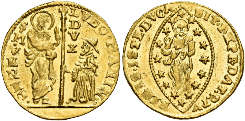Venezia.  

Zecchino, AV 3,49 g. LVDOV MANIN – S M VENET S. Marco nimbato, stant...
