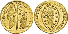 Venezia.  

Zecchino, AV 3,49 g. LVDOV MANIN – S M VENET S. Marco nimbato, stante a s., porge il vessillo al doge genuflesso; lungo l’asta, D V X. Rv....