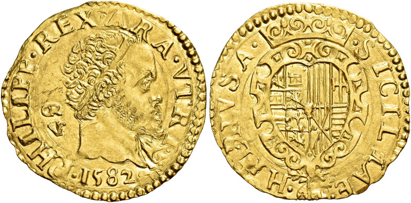 Napoli.  

II periodo: re di Spagna, 1556-1598. Scudo 1582, AV 3,37 g. PHILIPP R...