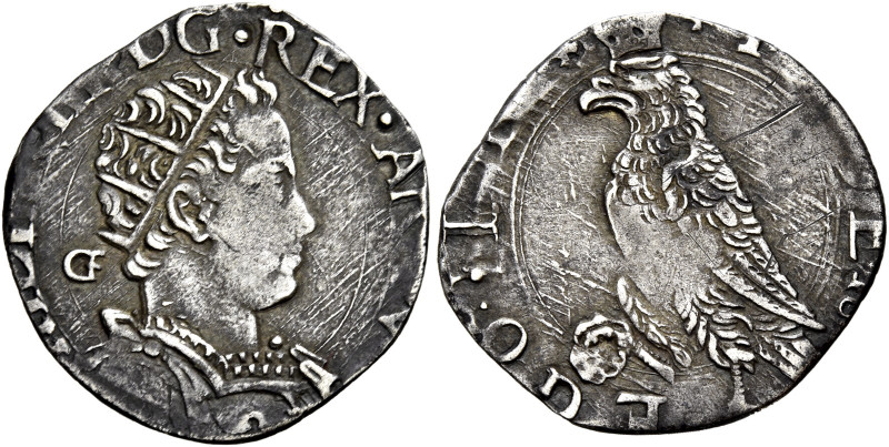 Napoli.  

Carlino 16..., AR 2,40 g. PHILIPP III REX AR VTRI Busto giovanile rad...