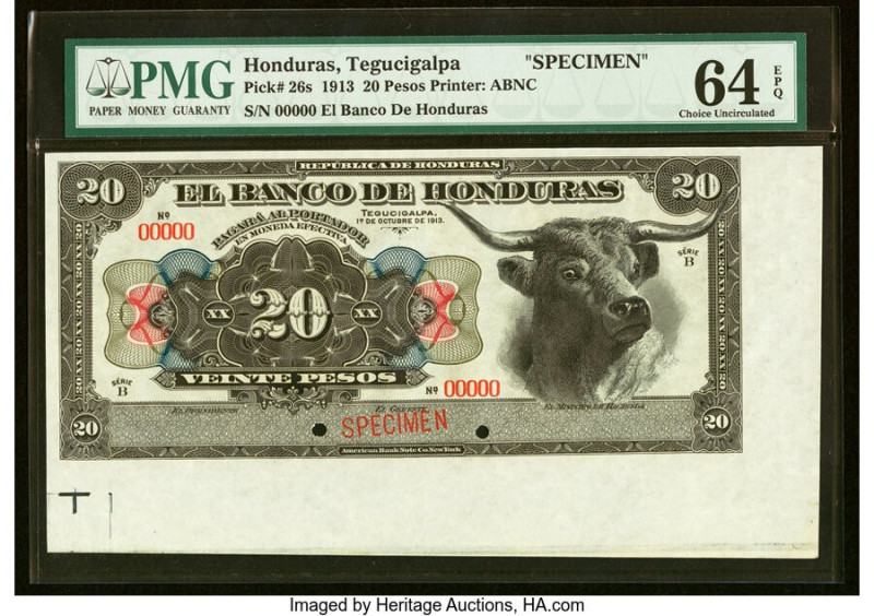 Honduras Banco de Honduras 20 Pesos 1.10.1913 Pick 26s Specimen PMG Choice Uncir...