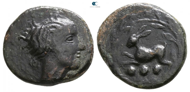 Sicily. Messana 450-400 BC. 
Tetras Æ

13mm., 2,26g.

Female head right / H...
