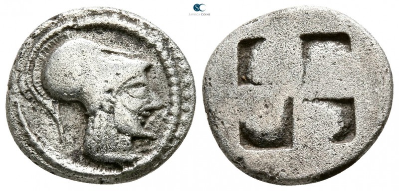 Macedon. Aeneia circa 510-480 BC. 
Tetrobol AR

14mm., 2,59g.

Helmeted hea...