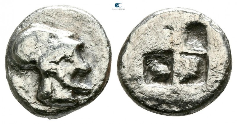 Macedon. Aeneia Before 480 BC. 
Diobol AR

9mm., 1,22g.

Helmeted head of t...