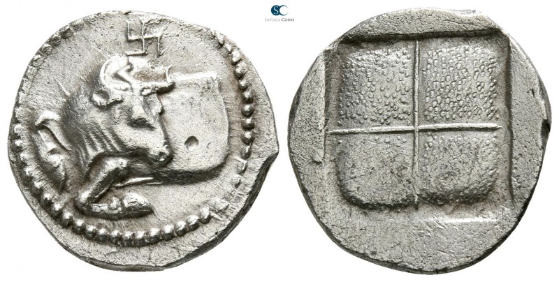 Macedon. Akanthos circa 470-390 BC. 
Tetrobol AR

15mm., 2,28g.

Forepart o...