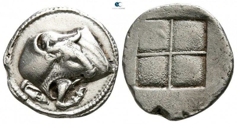 Macedon. Akanthos 430-390 BC. 
Tetrobol AR

15mm., 2,59g.

Forepart of bull...