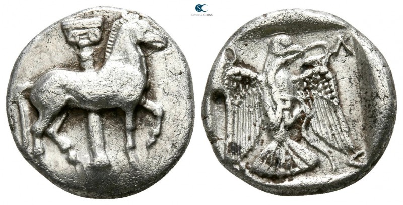 Macedon. Olynthus circa 460-432 BC. 
Tetrobol AR

14mm., 2,38g.

Horse stan...