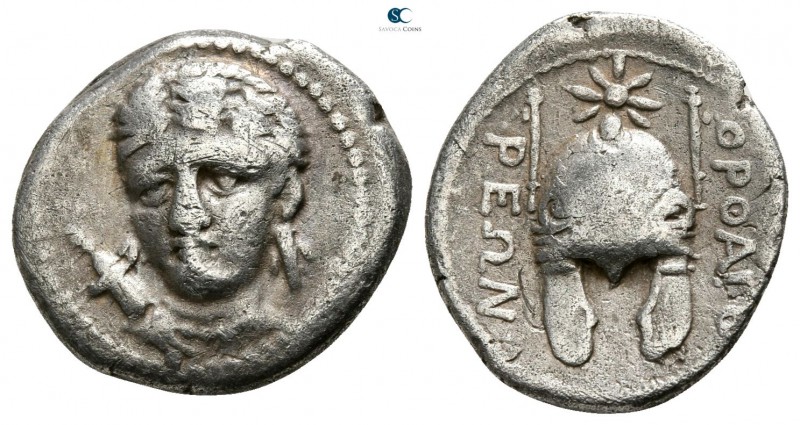 Macedon. Orthagoreia 340-330 BC. 
Hemidrachm AR

14mm., 2,54g.

Head of Art...