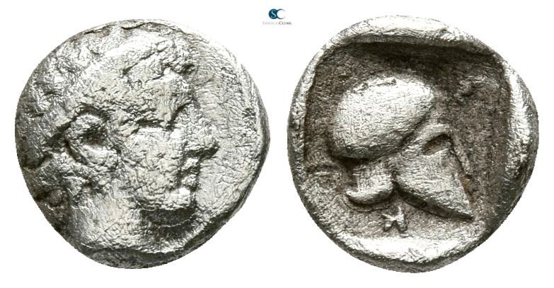 Macedon. Scione 470-454 BC. 
Hemiobol AR

6mm., 0,35g.

Head of male right,...