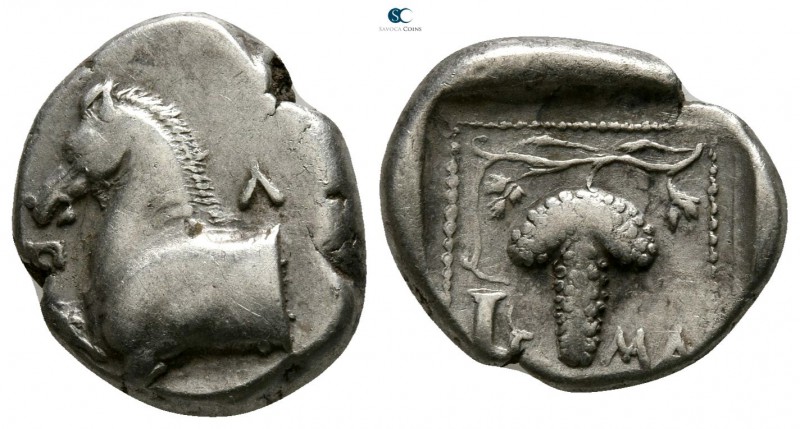 Thrace. Maroneia . ΠΛ- (Pl-), magistrate circa 377-365 BC. 
Tetrobol AR

13mm...