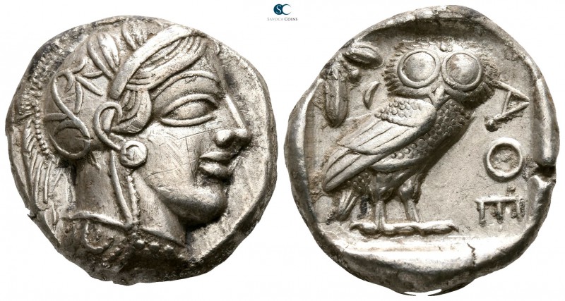 Attica. Athens 454-404 BC. 
Tetradrachm AR

23mm., 16,95g.

Head of Athena ...