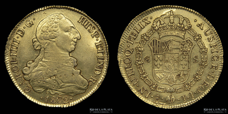 Santiago (Chile) Carlos IV (1789-1808) 8 Escudos 1802 JJ. Oro AU.875; 36mm; 26.7...