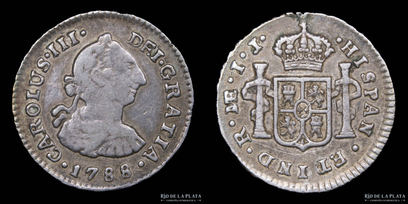 Lima. Carlos III (1759-1789) 1/2 Real 1788 IJ. AG.896; 17mm; 1.72g. KM74a (VF+) ...