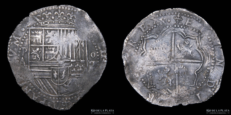 Potosí. Felipe II (1574-1598) 8 reales 1586-89 A (Juan Álvarez). Macuquina escud...