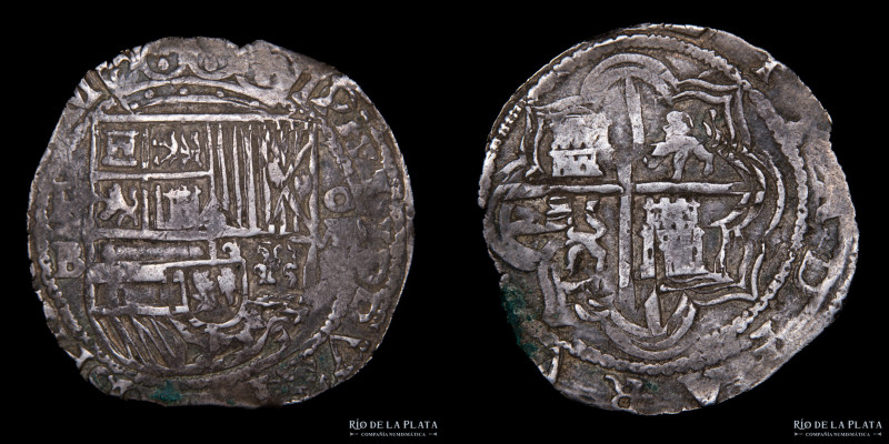 Potosí. Felipe II (1574-1598) 8 Reales 1595-1600 B (Aspas). AG.930; 40.0mm; 27.5...